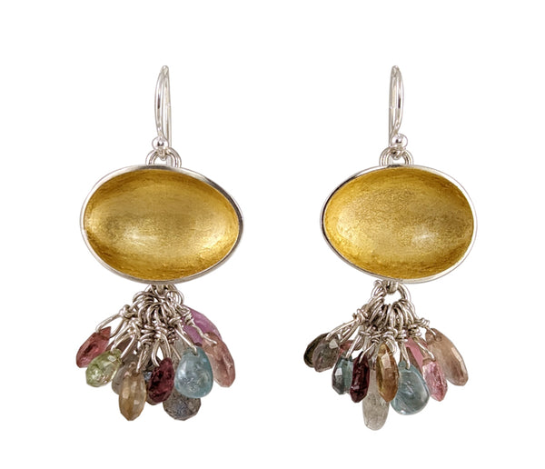 Light gold raindow drop earrings. These concave forms are made from polished sterling silver with 22k gold leaf and resin. Sapphire, tourmaline, labradorite and apatite stones hang below.