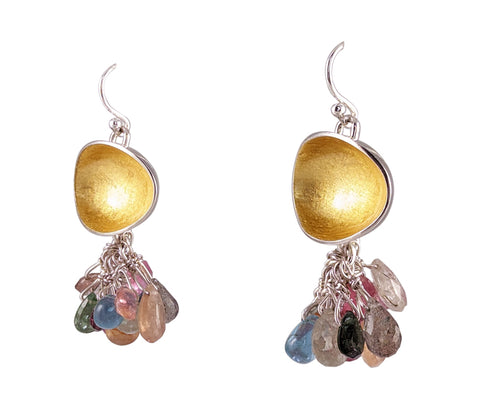 Light gold raindow drop earrings. These concave forms are made from polished sterling silver with 22k gold leaf and resin. Sapphire, tourmaline, labradorite and apatite stones hang below.