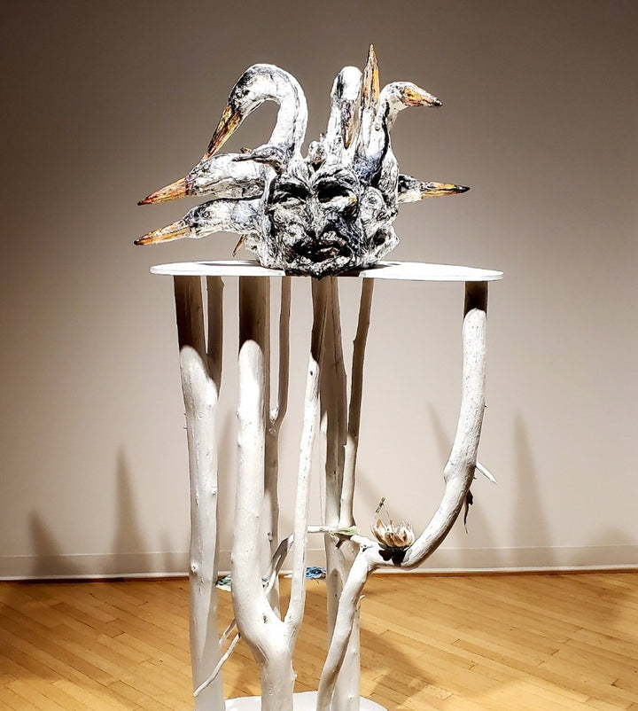Porcelain vessel and wooden base 55 x 85 x 60