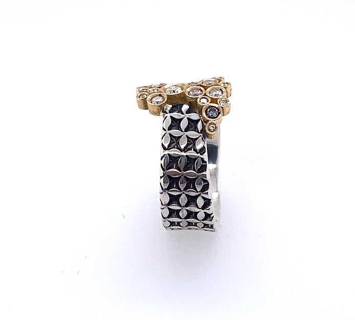 Hand stamped sterling silver ring with a bubble of diamonds and 18k gold