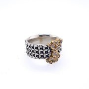 Hand stamped sterling silver ring with a bubble of diamonds and 18k gold