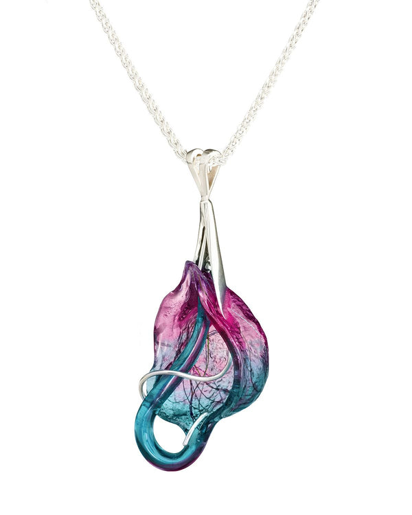 Breath resin pendant in blue and fuschia