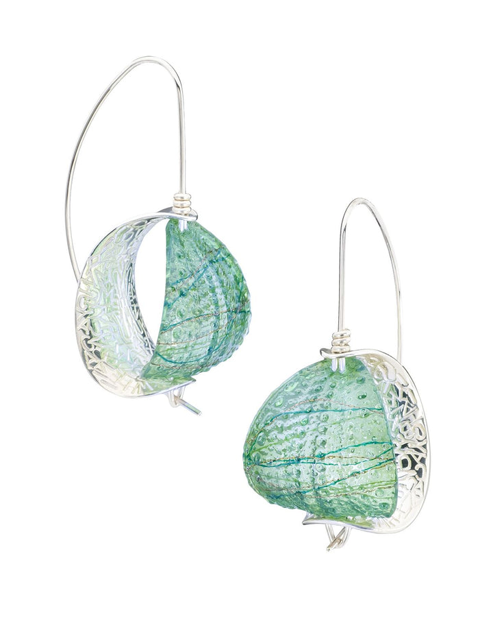 Mary Lynn Podiluk Retroflex ﻿earrings in various colours of hand-dyed resin with sterling silver.  This piece is part of the Resonance collection