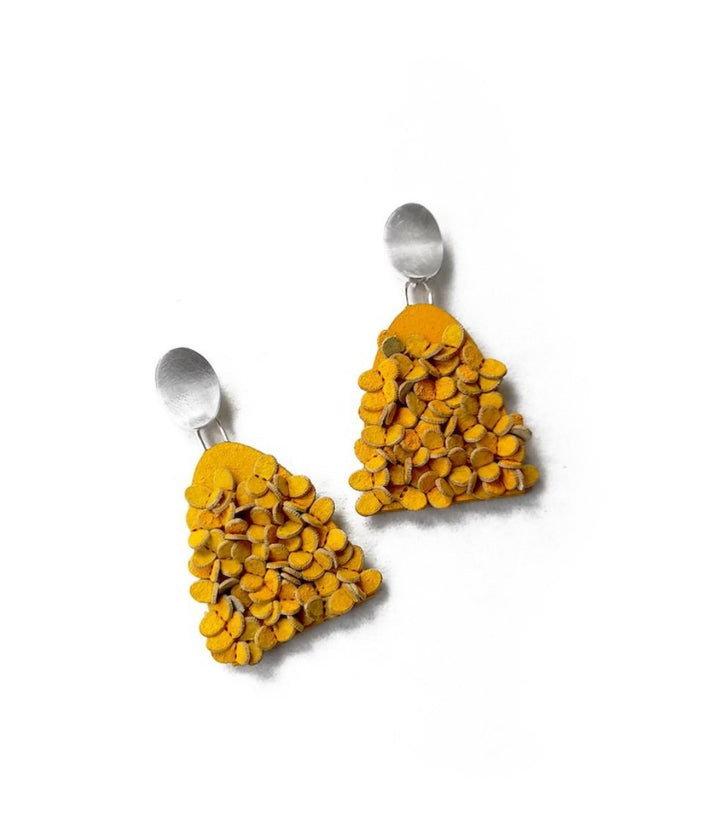 Yellow oval bell earrings, made from sterling silver, wood, paper, cotton and pigments   2.8 x 5 x 0.6 cm each 