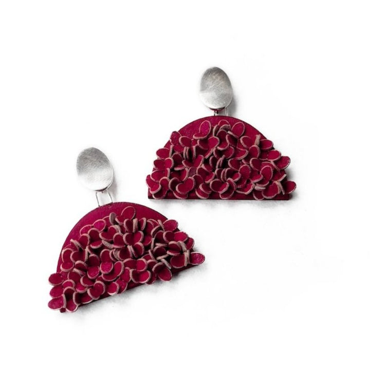 Magenta circle bell earrings, made from sterling silver, wood, paper, cotton and pigments   4 x 4.2 x 0.6 cm each 