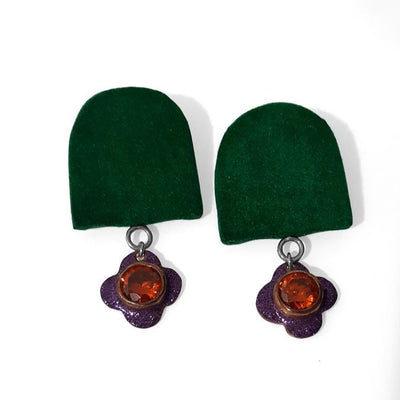 Large flocked green stud earrings with small purple flower and orange stone