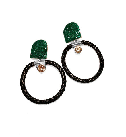 Jump Rope earrings. Bold earrings featuring a glitter resin-decorated copper stud with a sterling silver post. Beneath it hangs a braided faux leather hoop capped with sterling silver and a peach cubic zirconia stone. These earrings measure 8.5 x 6 cm, with a 10mm stone.
