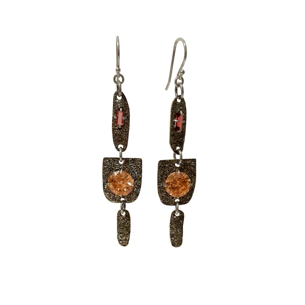 Silver Glitter Dangle with Pink and Peach Stones. The glitter resin-decorated copper segments are centered with pink tourmaline (top) and peach cubic zirconia (bottom), and have sterling silver hoops.
