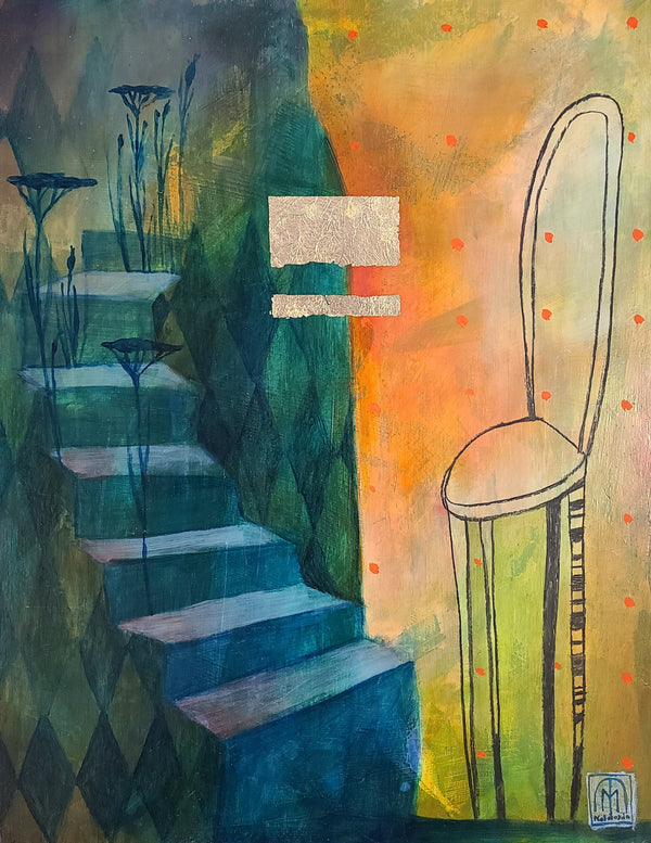 Awaiting, 2023 - Built up layer by transparent layer, this oil on panel painting is deeply rich and vibrant, exploring equally colour, texture, and line, through an interplay of real and fantastic elements.