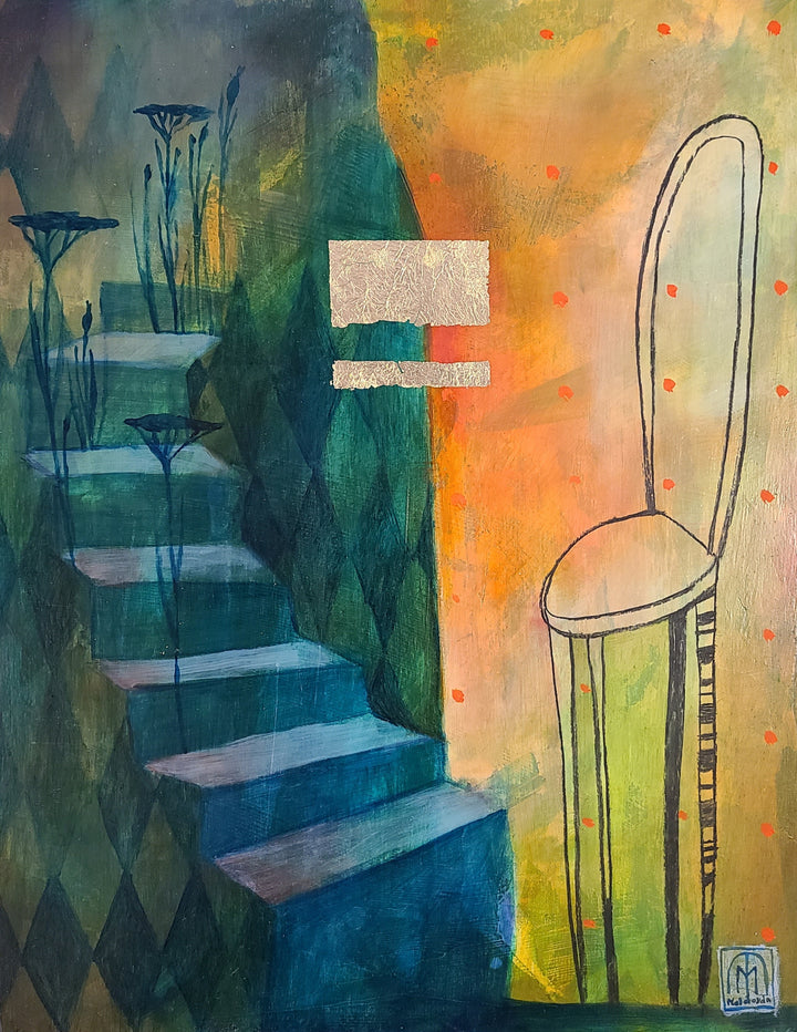 Awaiting, 2023 - Built up layer by transparent layer, this oil on panel painting is deeply rich and vibrant, exploring equally colour, texture, and line, through an interplay of real and fantastic elements.