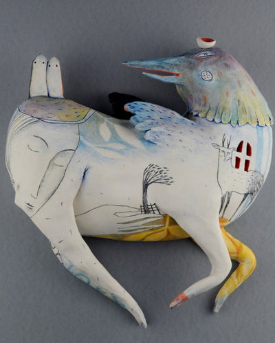 Two But Not Two III, 2020, handbuilt ceramic wall sculpture, 11 x 12 x 3 inches Multi-fired stoneware finished with underglazes and glazes.