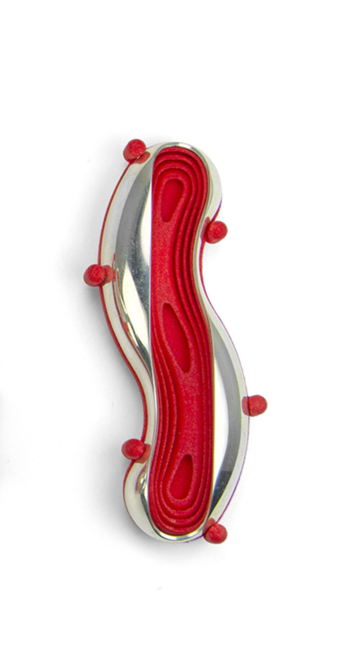 Spirillium: Red,  Sterling Silver Slice Brooch with 3D-printed nylon, 8 x 3 x 1.5 cm, 2020. Photo by Paul Ambtman