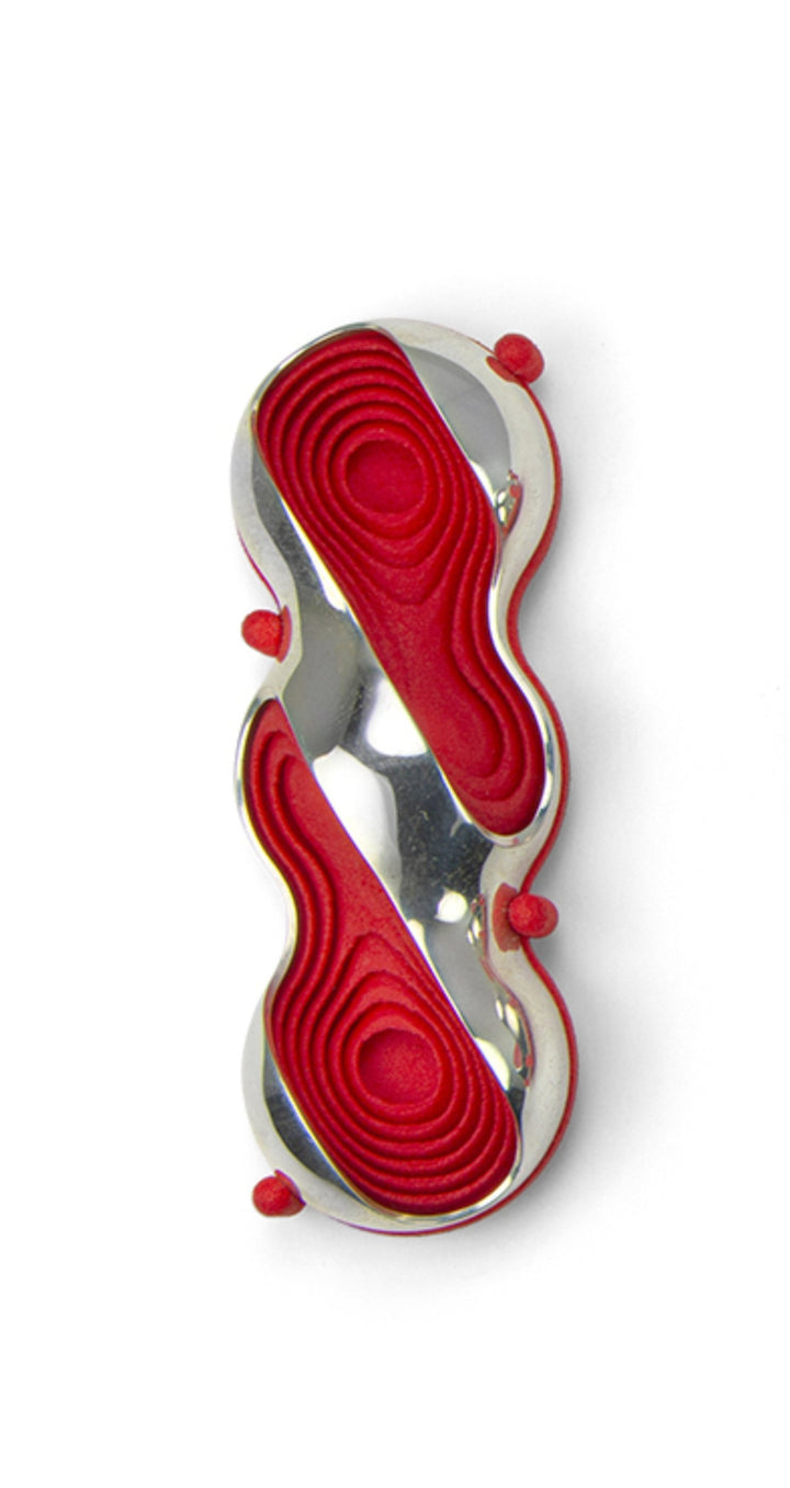 Cocci: Red,  Sterling Silver Slice Brooch with 3D-printed nylon, 8 x 3 x 1.5 cm, 2020. Photo by Paul Ambtman
