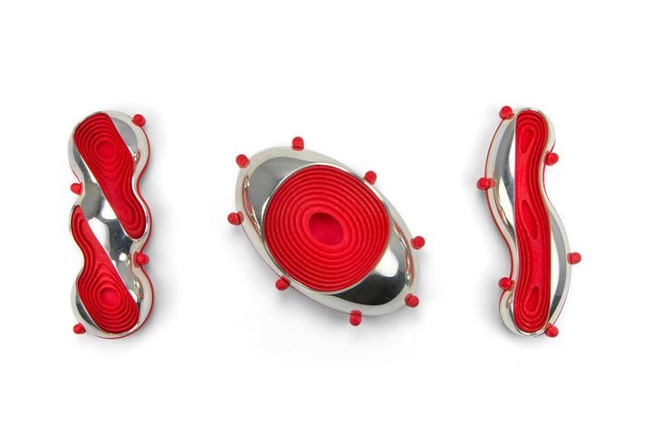 Cocci: Red,  Sterling Silver Slice Brooch with 3D-printed nylon, 8 x 3 x 1.5 cm, 2020. Photo by Paul Ambtman