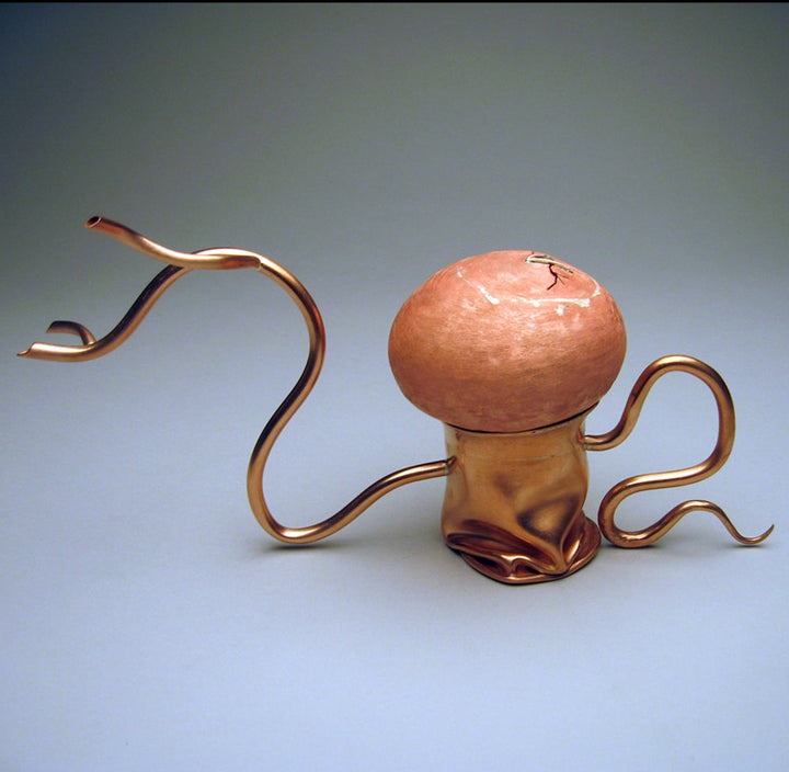 Artist: Rayce Min Title: Adulthood Object: teapot Materials: Copper, silver Technique: Deep draw forming, raising, forging, fabrication Dimensions: 29 x 8 x 15 cm