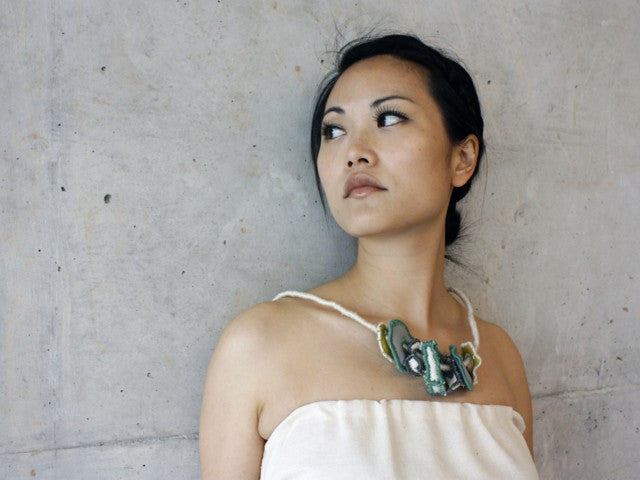 Necklace in canvas, vinyl and cotton by contemporary Canadian jewellery artist Rebecca Horwitz.