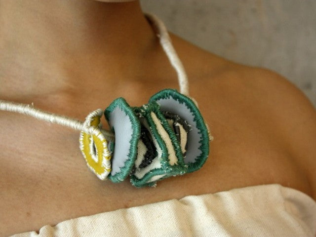 Necklace in canvas, vinyl and cotton by contemporary Canadian jewellery artist Rebecca Horwitz.