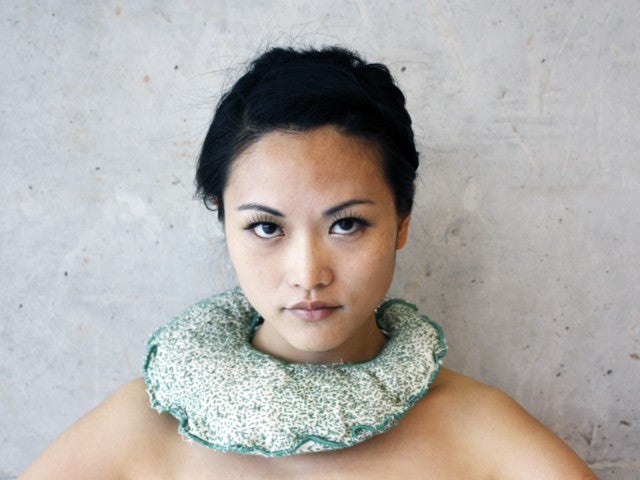 Fields neck piece in canvas, beading and leather by contemporary Canadian jewellery artist Rebecca Horwitz.