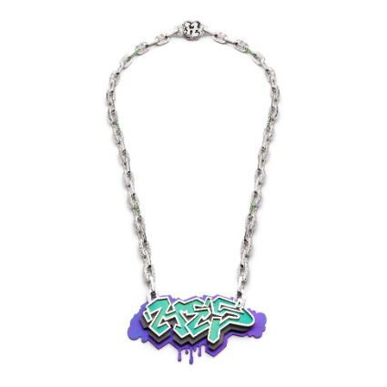 Purple Nights, 2022 - Hand cut and riveted center piece graffiti style pendant embellished with Tsavorite garnets on a sterling silver casted link chain.  Materials: Sterling Silver, anodized Niobium, Tsavorite garnets