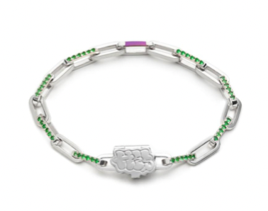 HES Bubble, 2022 - Graffiti style bracelet in sterling silver and anodized niobium embellished with Tsarvorite garnets with a hand caved clasp.   7" chain
