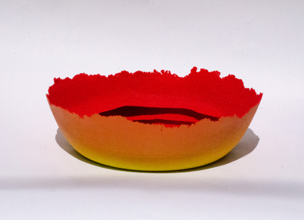 Shay Salehi Double edge glass bowl using the pâte de verre technique with applied pigment and glass beads.