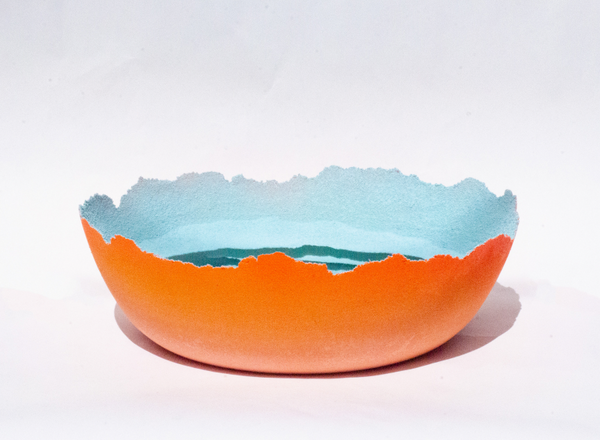 Shay Salehi Double edge glass bowl using the pâte de verre technique with applied pigment and glass beads.