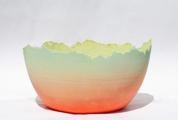 Shay Salehi Large glass bowl using the pâte de verre technique with applied pigment and glass beads.