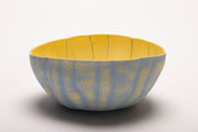 Small Raised Vein Bowl 15 - sculptural porcelain bowl in blue, with a yellow in