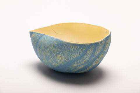 Small Raised Vein Bowl 15 - sculptural porcelain bowl in blue, with a yellow in