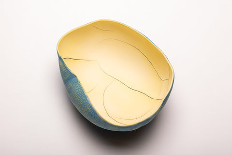 Small Raised Vein Bowl 15 - sculptural porcelain bowl in blue, with a yellow in