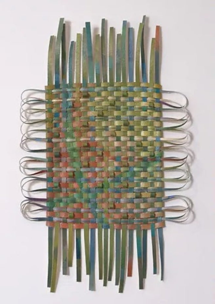 Small Woven WorK 20 - Meticulously hand-cut and woven acrylic on canvas painting  7 x 11 in unframed, 11.75 x 14.5 in framed.