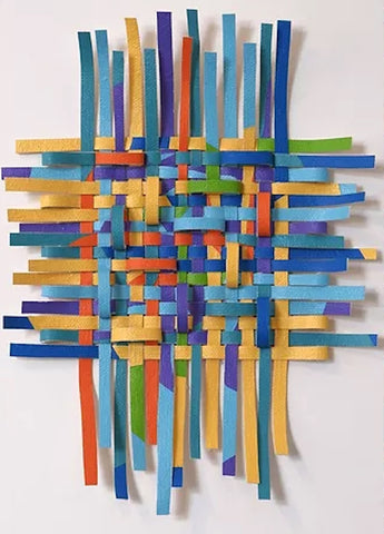 Small Woven WorK 28 - Meticulously hand-cut and woven acrylic on canvas painting  6.5 x 8 in unframed, 8.75 x 10.75 in framed.