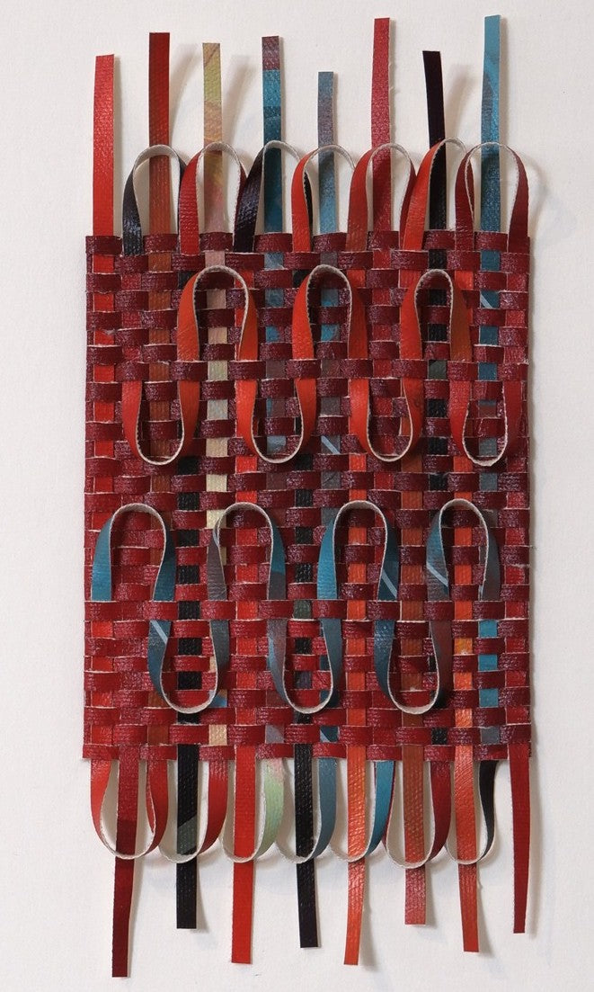 Small Woven WorK 26 - Meticulously hand-cut and woven acrylic on canvas painting  4 x 8.5 in unframed, 8.75 x 10.75 in framed.