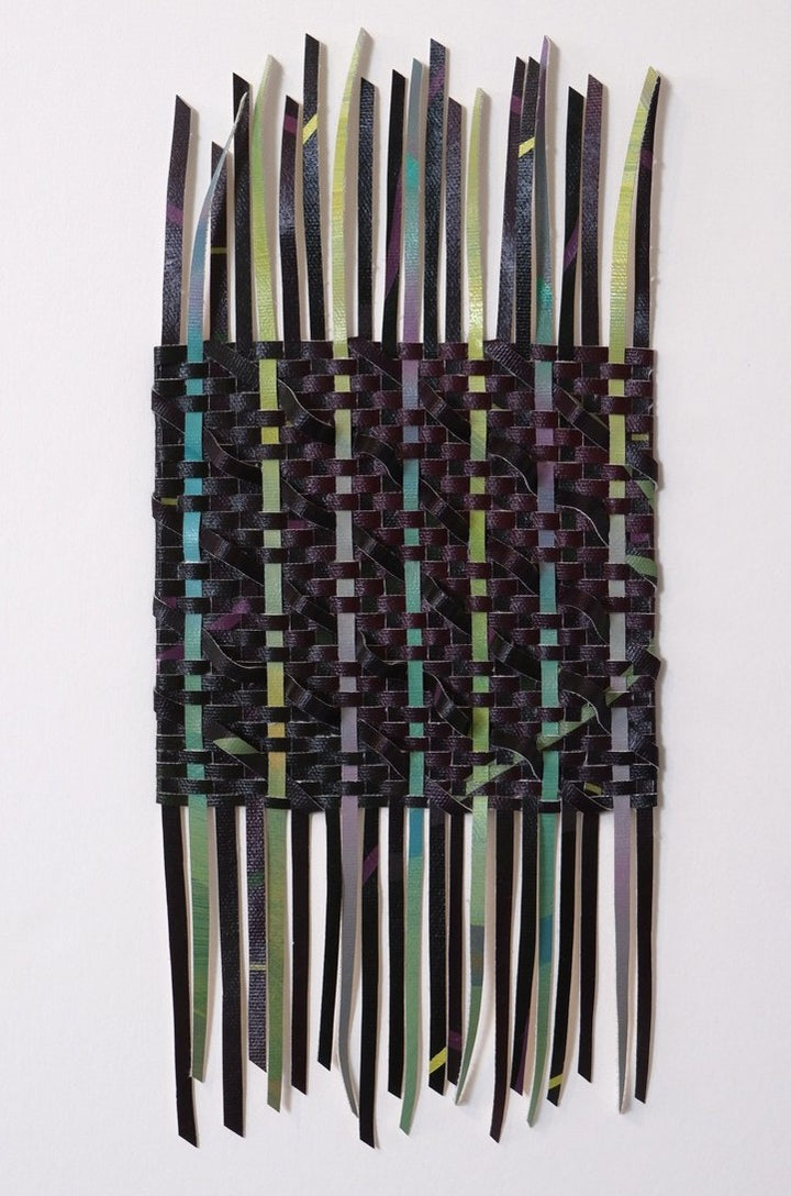 Small Woven WorK 32 - Meticulously hand-cut and woven acrylic on canvas painting  5.5 x 11.5 in unframed, 11.75 x 14.5 in framed.