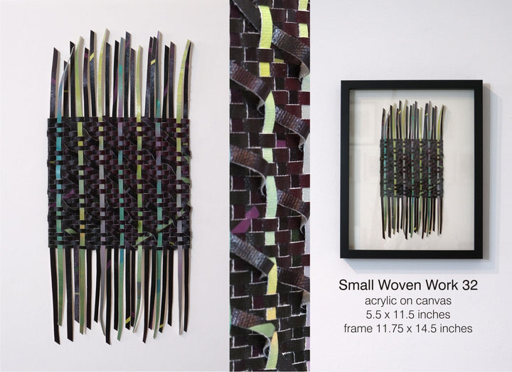 Small Woven WorK 32 - Meticulously hand-cut and woven acrylic on canvas painting  5.5 x 11.5 in unframed, 11.75 x 14.5 in framed.