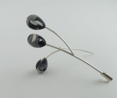 White, black and grey resin tree brooch with silver
