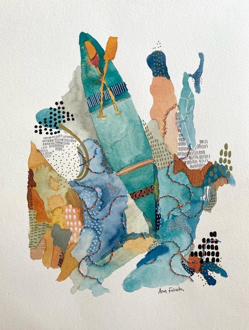The Canoe and the paddle (Unframed). Mixed media artwork on paper combining watercolour, ink, linen thread, and embroidery.