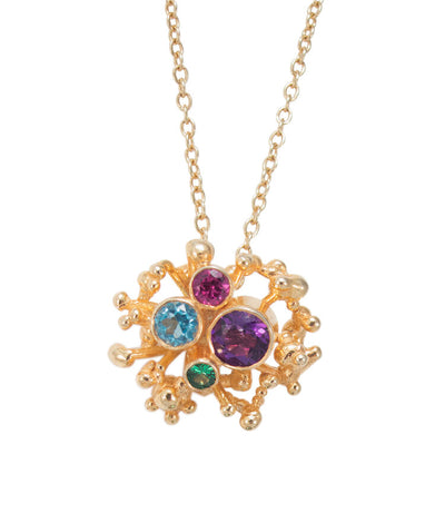 Tides Pendant  Silver, gold plated, 18" gold fill chain, amethyst, blue topaz, chrome diopside and rhodalite garnet.