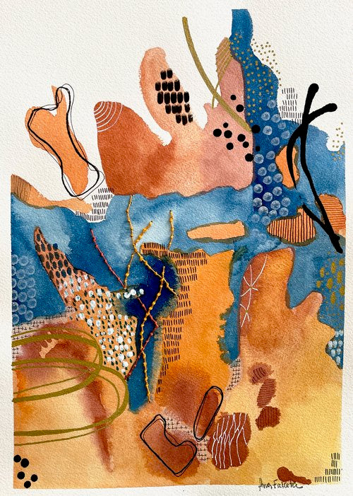 Underground cave (Unframed). Mixed media artwork on paper combining watercolour, ink, linen thread, and embroidery.