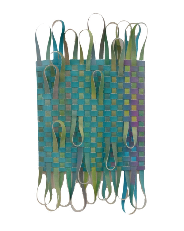 Woven Work 14. The artist has meticulously hand-cut and woven her own acrylic on canvas paintings. Framed, 11 by 14 in.