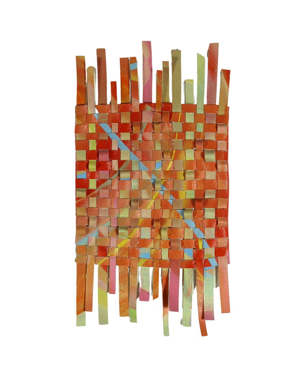 Woven Work 1. The artist has meticulously hand-cut and woven her own acrylic on canvas paintings. Framed, 8 by 10 in, Woven Work 1 introduces a geometric and abstract patterns. 