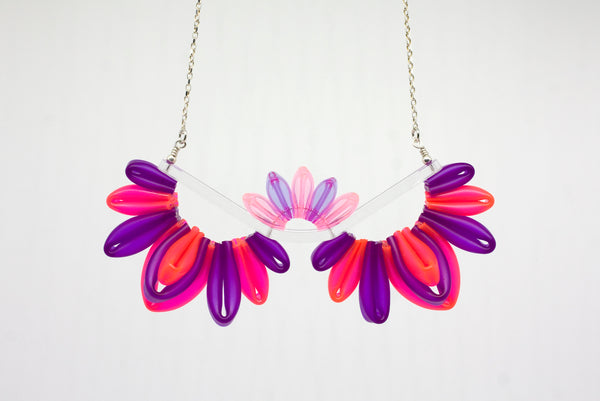 Week 47 Necklace in pink and purple silicone, acrylic, on 18" sterling silver chain.