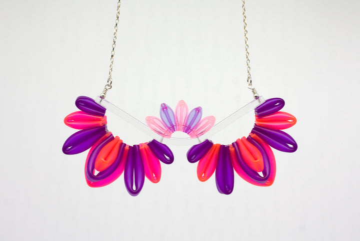 Week 47 Necklace in pink and purple silicone, acrylic, on 18" sterling silver chain.