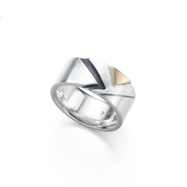 Wide band ring in polished sterling silver with oxidized and 18k details
