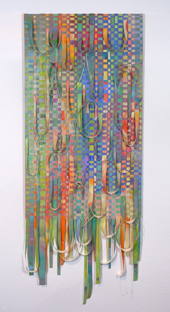 Woven Work 7. The artist pause meticulously hand-cut and woven her own acrylic on canvas paintings.   20w x 48h in., 2021.