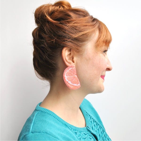 Grapefruit Slice Earrings.  Machine embroidered, these studs are structured, airy-light, and durable, 4 x 6 cm.