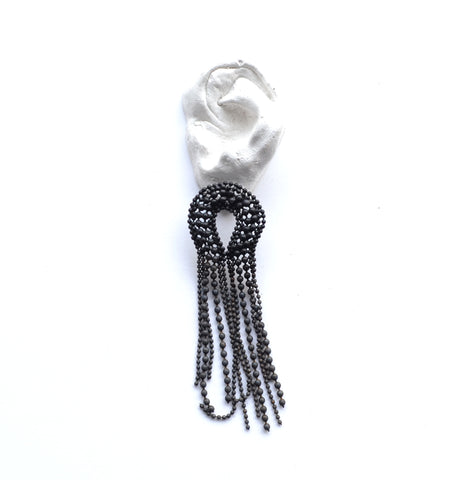 Matte Black Copper Earrings are ingeniously repurposed chains that are powder-coated  studs with a fancy fringe that is wonderfully tactile and dynamic, yet light on the ear, On surgical steel posts, they measure 8 x 2.5 cm.
