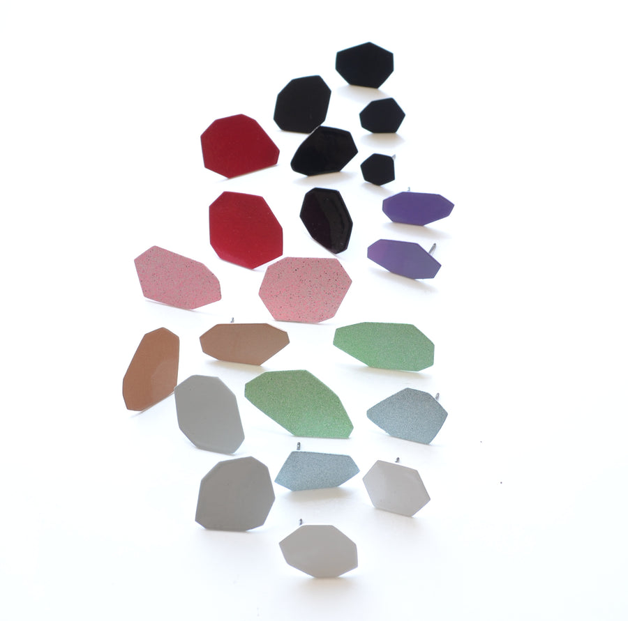 Geo stud pair earrings with powder coated copper and surgical stainless steel.