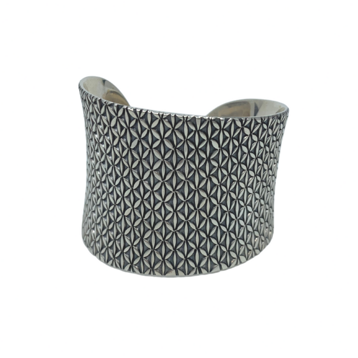 Hand stamped sterling silver cuff.  6 x 4.5 cm. Would fit a small wrist. 