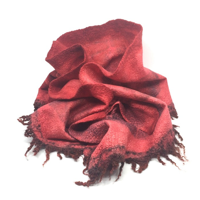 Cranberry scarf with a locally-farmed wool fringe
